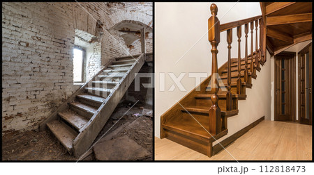 Comparison of modern brown wooden oak staircase with carved railing in new renovated apartment interior and old ladder stairs. Before renovation and after house reconstruction collage. 112818473