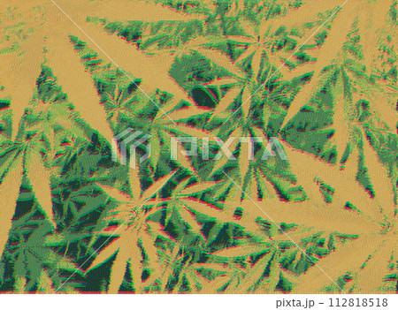 大量の大麻の葉とブレ感がトリッピーな、デジタル映像的でLoFIなイラスト。 112818518