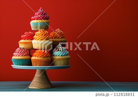 AI-generated content. Colorful cupcake tower on wooden stand with festive red background 112818831