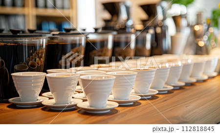 AI-generated content. Elegant coffee tasting event with cups lined up on a wooden table 112818845