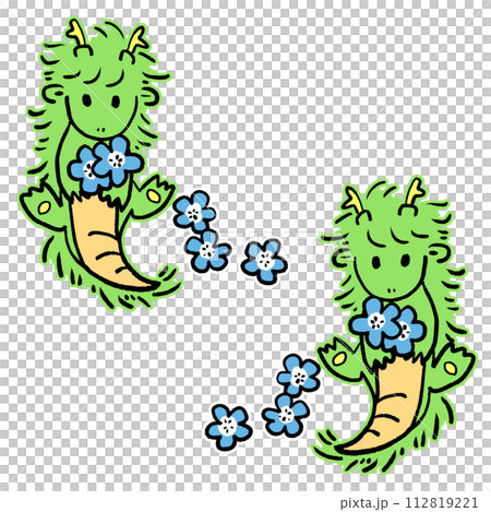 可愛的龍與藍色的花朵的插圖 112819221