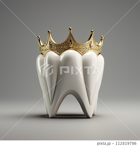 AI-generated content. White tooth with small golden crown. White background. AI-generated content. White tooth with small golden crown. White background. 112819786