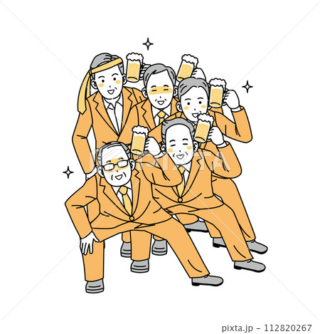 ビールを飲んで踊る中年会社員の男性のイラスト 112820267