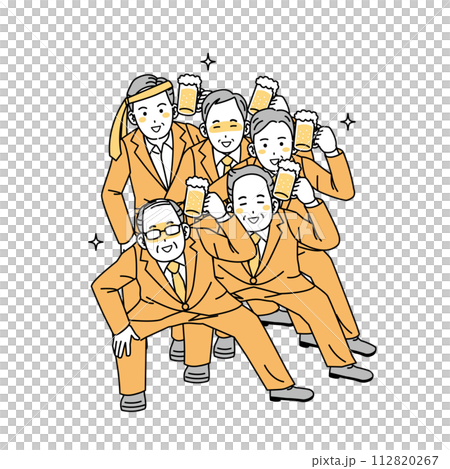 ビールを飲んで踊る中年会社員の男性のイラスト 112820267