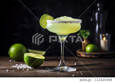 Cocktail Margarita, lime and mint on a dark background. 112820369