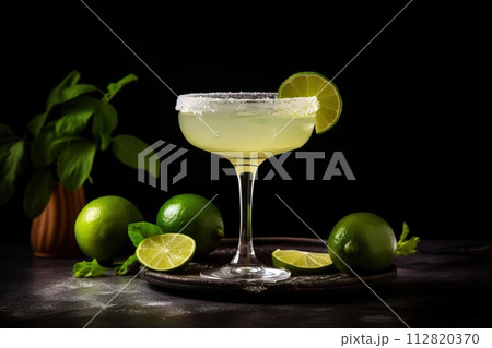 Cocktail Margarita, lime and mint on a dark background. 112820370