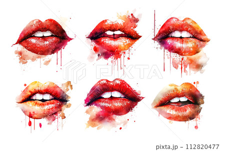 Set of watercolor human lips isolated on white. Generative AI, edited in Photoshop. Perfect stickers set 112820477