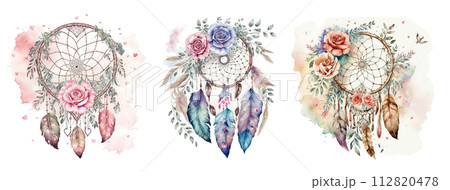 Set of watercolor dreamcatcher isolated on white. Generative AI, edited in Photoshop. Perfect stickers set 112820478