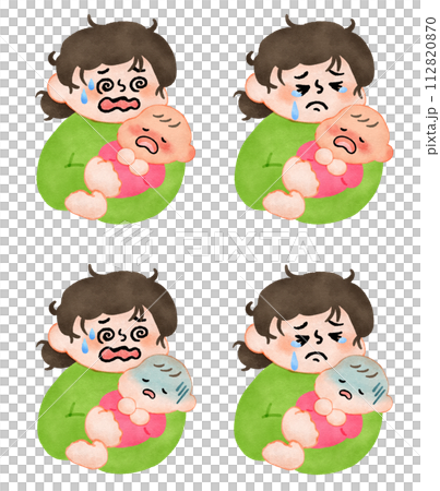 Mother taking care of a sick baby Hand-drawn illustration material set 112820870