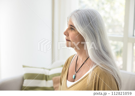 Serious thoughtful older mature woman posing in home interior 112821059