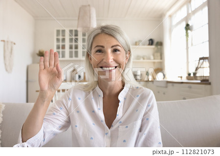 Middle aged woman greets friend on video call Middle aged woman greets friend on video call 112821073