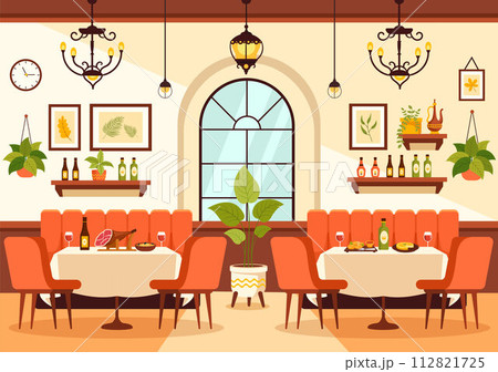 Spanish Restaurant Vector Illustration with Various of Food Menu Traditional Dish Typical Recipe and Cuisine in Flat Cartoon Background Design 112821725