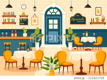 Spanish Restaurant Vector Illustration with Various of Food Menu Traditional Dish Typical Recipe and Cuisine in Flat Cartoon Background Design 112821726