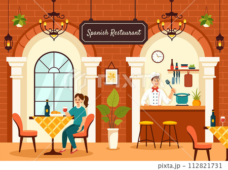 Spanish Restaurant Vector Illustration with Various of Food Menu Traditional Dish Typical Recipe and Cuisine in Flat Cartoon Background Design 112821731