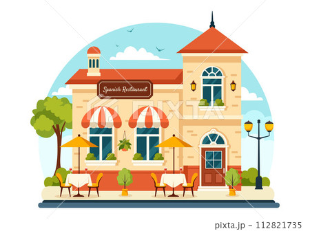 Spanish Restaurant Vector Illustration with Various of Food Menu Traditional Dish Typical Recipe and Cuisine in Flat Cartoon Background Design 112821735
