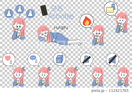 Convenient for creating illustrations of SNS operation! A set of speech bubble icons and a woman in a suit who is struggling with SNS 112821765
