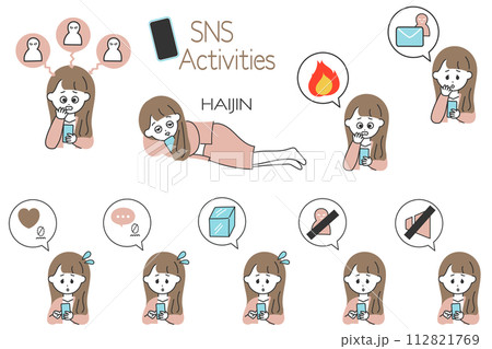 SNS運用の図解制作に便利！SNSに苦戦するスーツの女性と吹き出しアイコンのセット 112821769