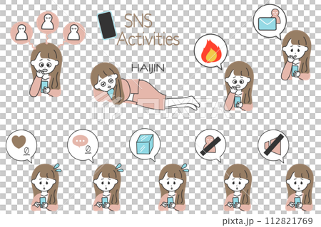 SNS運用の図解制作に便利！SNSに苦戦するスーツの女性と吹き出しアイコンのセット 112821769