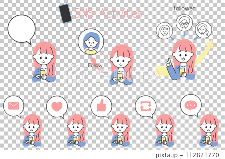 Convenient for creating illustrations of SNS operation! A set of speech bubble icons with a woman in a suit enjoying SNS 112821770