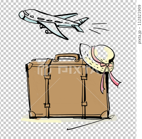 海外旅行　新婚旅行　飛行機　麦わら帽子　キャリーバッグ 112821909