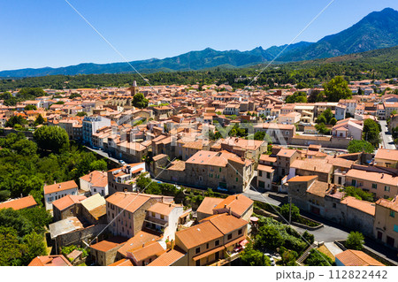 Drone view of Prades summer cityscape, Pyrenees-Orientales, France 112822442