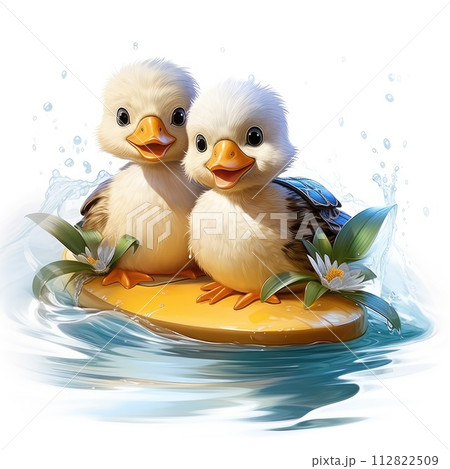 Two ducklings swimming on an inflatable ring. 112822509