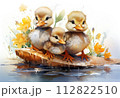 Cute little ducklings in a boat on the water with flowers 112822510