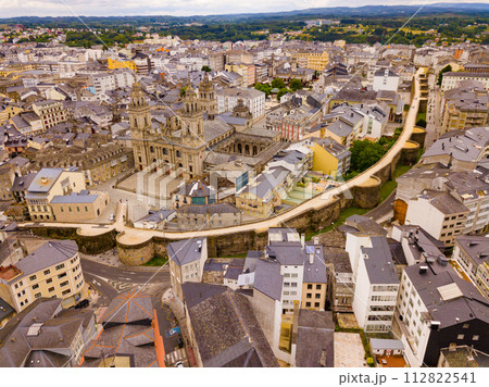 Panoramic view from drone on the city center Lugo. Galicia. Spain Panoramic view from drone on the city center Lugo. Galicia. Spain 112822541