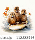 Three ducklings on a surfboard in the water. 112822546