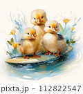 Cute ducklings on a surfboard, watercolor painting. 112822547
