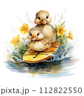 Watercolor image of two cute ducklings on a boat with yellow flowers 112822550