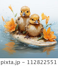 Two yellow ducklings on a surfboard in the water with flowers 112822551