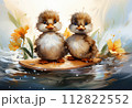 Illustration of two little ducklings on a boat in the water 112822552