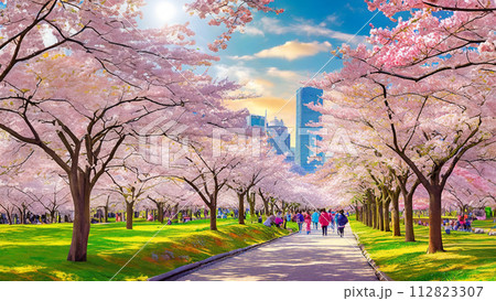 大都市の都市公園の中の満開の桜並木をお花見する人々のイラスト 112823307