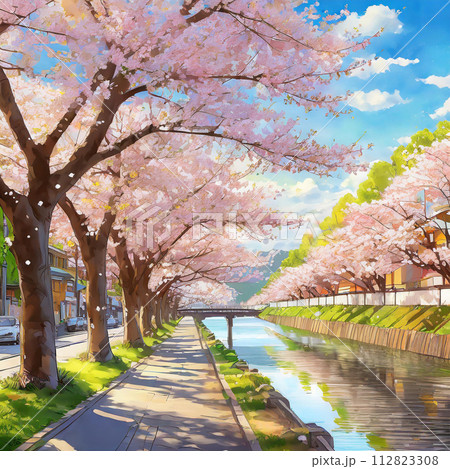 桜が咲く川沿いの桜並木のイラスト 112823308