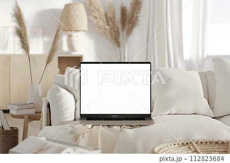 Laptop mockup on minimalistic villa backdrop. 112823684