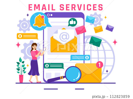 Email Service Vector Illustration with File Correspondence Delivery, Electronic Mail Message and Business Marketing in Flat Cartoon Background Email Service Vector Illustration with File Correspondence Delivery, Electronic Mail Message and Business Marketing in Flat Cartoon Background 112823859
