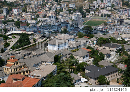 City of Gjirokaster in Southern Albania. Old Town is a UNESCO World Heritage Site. Closeup of Architectural Buildings. 112824166
