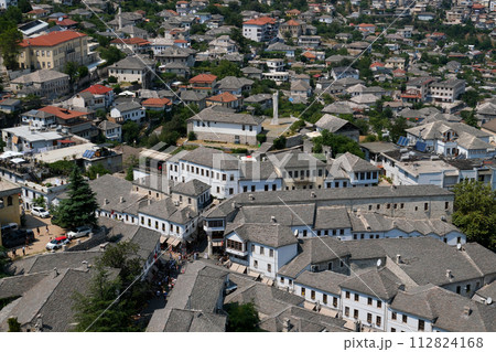 City of Gjirokaster in Southern Albania. Old Town is a UNESCO World Heritage Site. Closeup of Architectural Buildings. 112824168