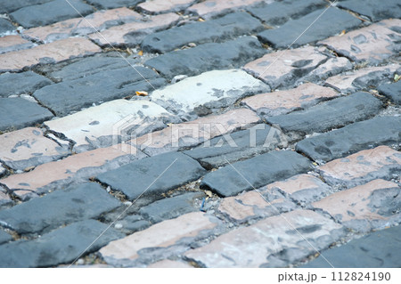 City of Gjirokaster in Southern Albania. Old Town is a UNESCO World Heritage Site. Closeup of Architectural Buildings. 112824190