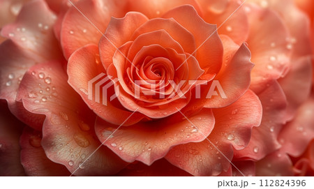 Close-Up top view of the delicate beauty Rose with Dewdrops in Soft Light, background Close-Up top view of the delicate beauty Rose with Dewdrops in Soft Light, background 112824396