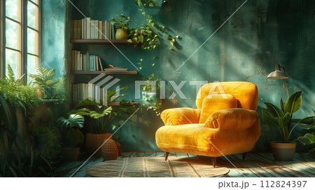 This inviting reading nook features a comfortable yellow armchair surrounded by lush greenery, bookshelves, and warm sunlight filtering through a window. the comforts of home concept. This inviting reading nook features a comfortable yellow armchair surrounded by lush greenery, bookshelves, and warm sunlight filtering through a window. the comforts of home concept. 112824397