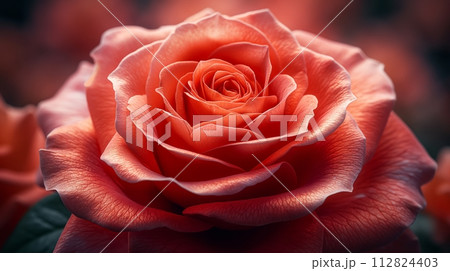 Close-Up of a Perfect Coral Rose in Bloom, showcasing the delicate texture of its petals. 112824403