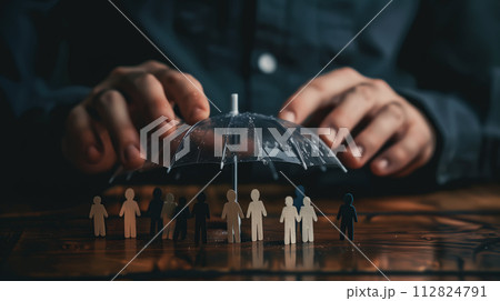 A man hands gently hold a paper cutout in the shape of a family, symbolizing parents and children. The concept of family insurance. Generative AI. 112824791