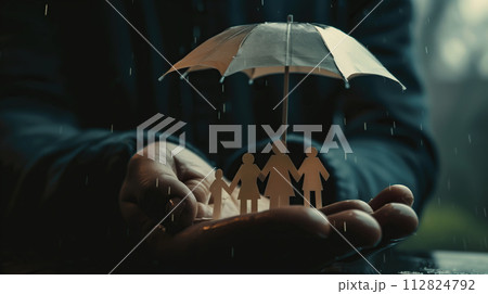 A man hands gently hold a paper cutout in the shape of a family, symbolizing parents and children. The concept of family insurance. Generative AI. 112824792