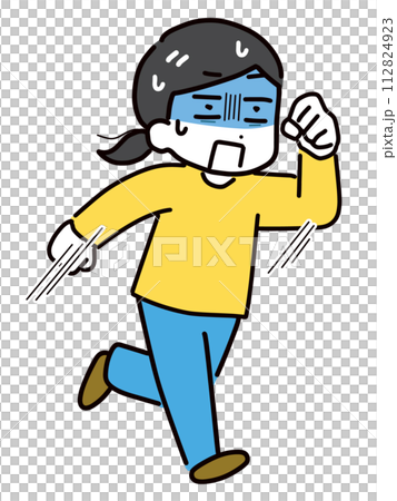 青ざめた顔で必死に走る私服の若い女性(全身) 青ざめた顔で必死に走る私服の若い女性(全身) 112824923