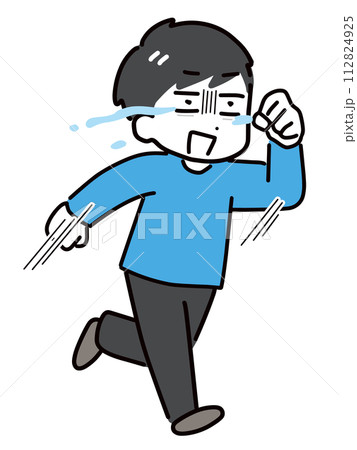 泣きながら必死に走る私服の若い男性(全身) 112824925