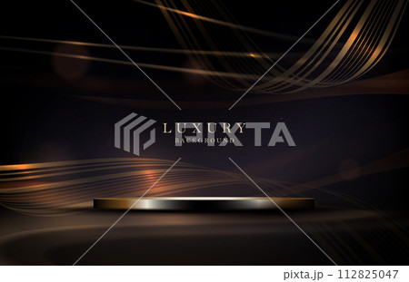 Illustration with podium, shiny tinsel and golden wave Illustration with podium, shiny tinsel and golden wave 112825047