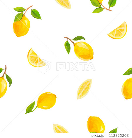 Beautiful fresh summer design with watercolor yellow lemon fruits on white background. Stock illustration. Ready print for textile. Seamless pattern. 112825208
