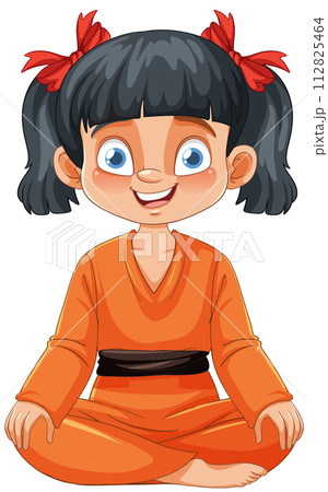 Happy Cartoon Girl Sitting Cross-legged 112825464